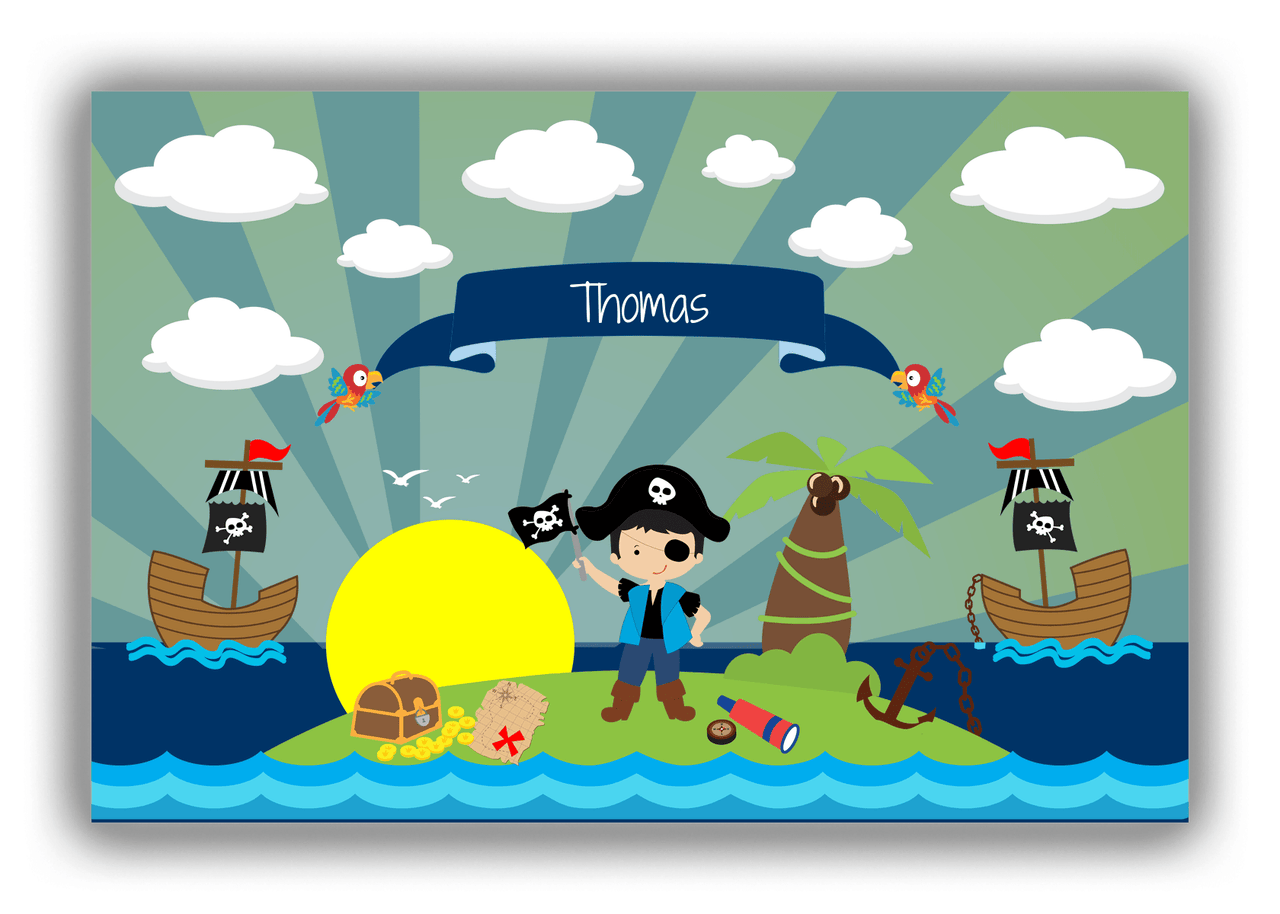 Personalized Pirate Canvas Wrap & Photo Print XVII - Blue Background - Black Hair Boy with Flag - Front View