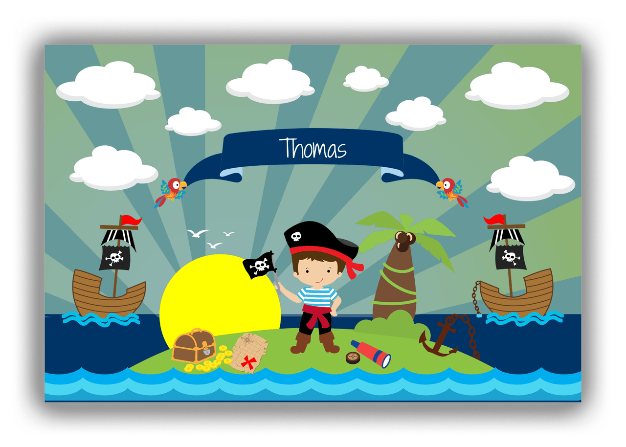 Personalized Pirate Canvas Wrap & Photo Print XVII - Blue Background - Brown Hair Boy with Flag - Front View