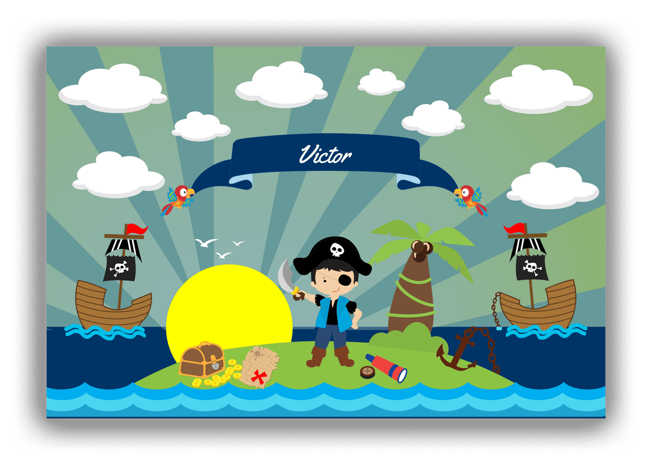 Personalized Pirate Canvas Wrap & Photo Print XVIII - Blue Background - Black Hair Boy with Sword - Front View