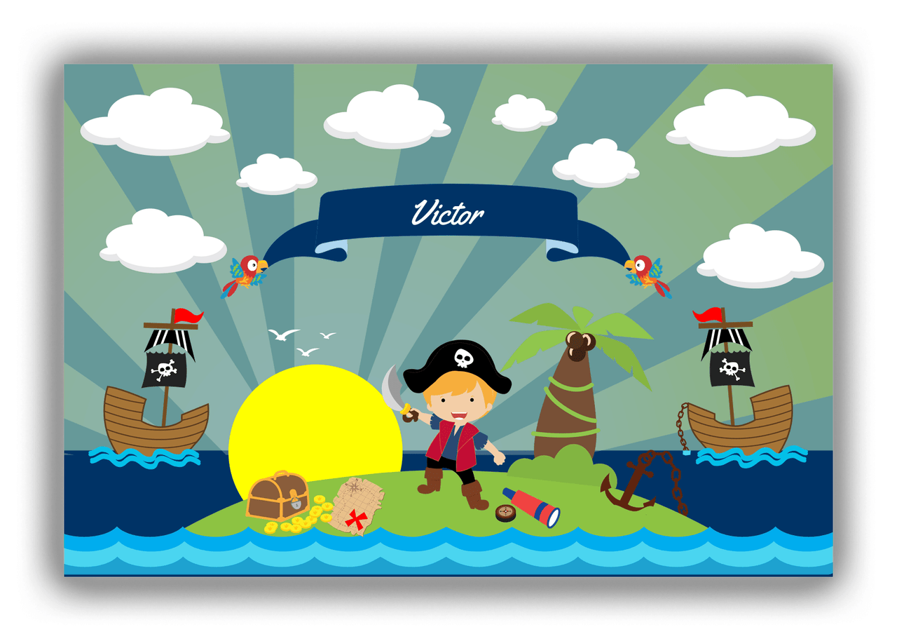Personalized Pirate Canvas Wrap & Photo Print XVIII - Blue Background - Blond Boy with Sword - Front View