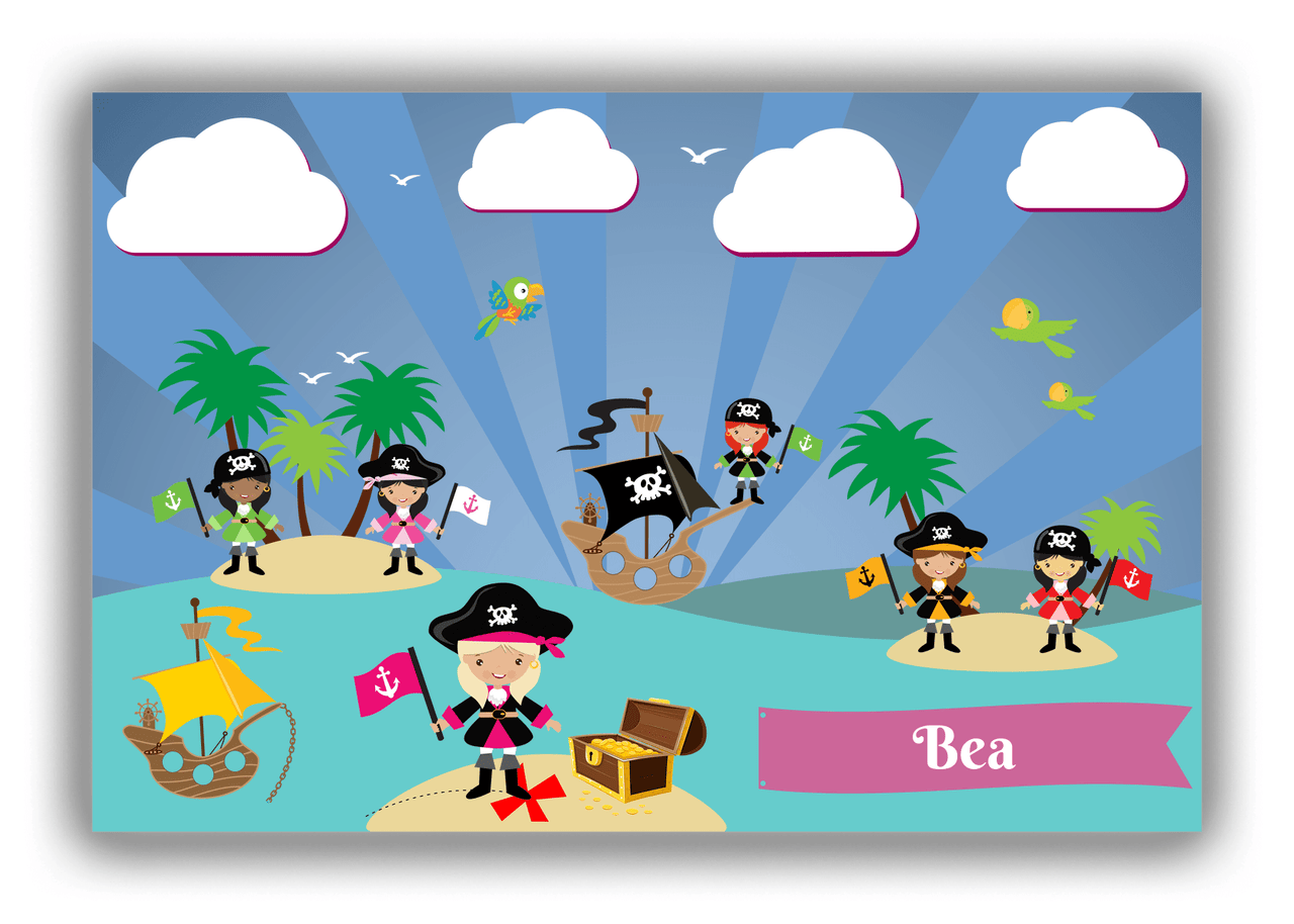 Personalized Pirate Canvas Wrap & Photo Print XXI - Blue Background - Blonde Girl with Flag - Front View