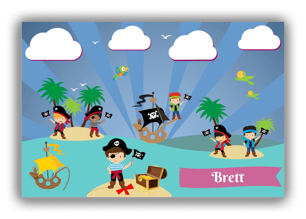 Personalized Pirate Canvas Wrap & Photo Print XXIII - Blue Background - Brown Hair Boy with Flag - Front View