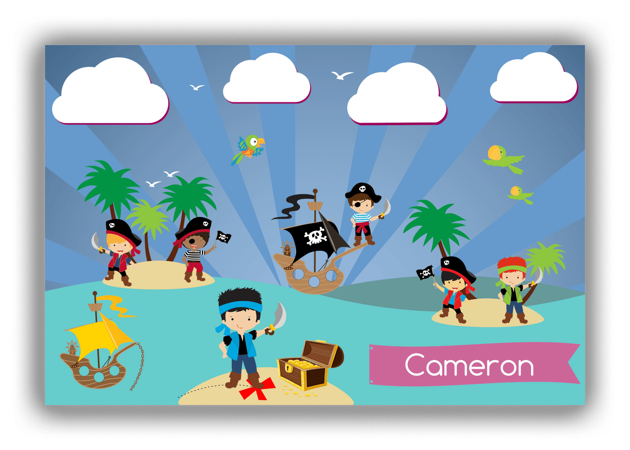 Personalized Pirate Canvas Wrap & Photo Print XXIV - Blue Background - Black Hair Boy with Sword - Front View
