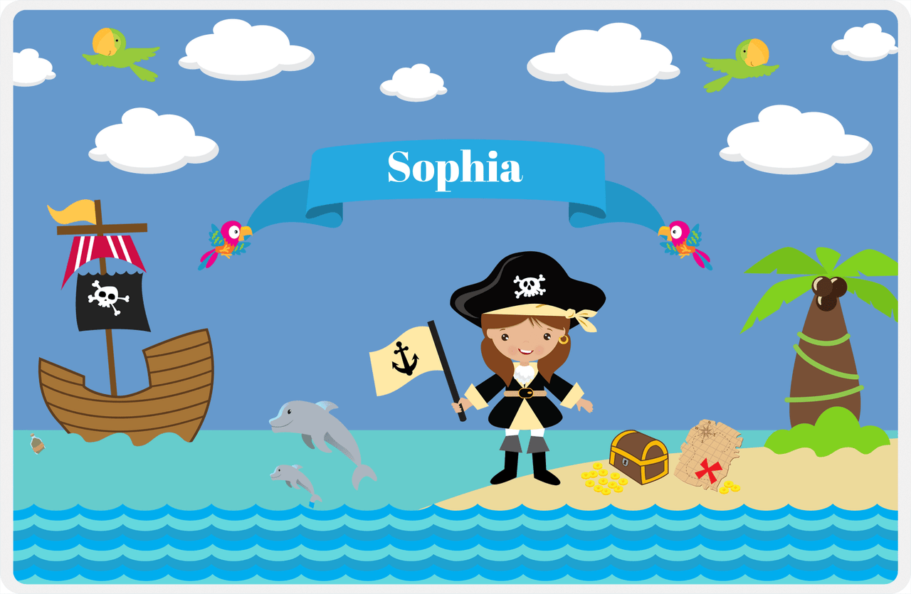 Personalized Pirate Placemat - Girl Pirate with Flag I - Brunette Girl -  View