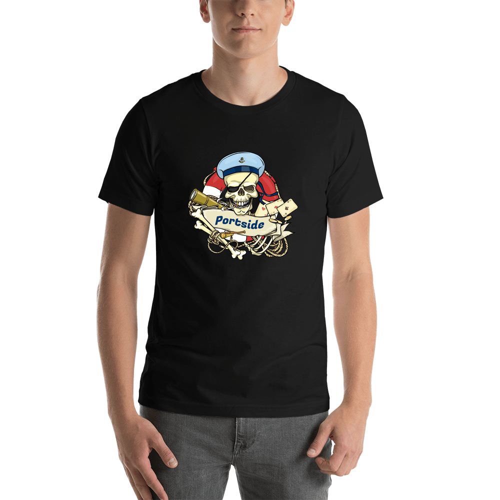 Personalized Pirates T-Shirt - Black - Gold Tooth, Eye Patch, and Chilling - Shirt View