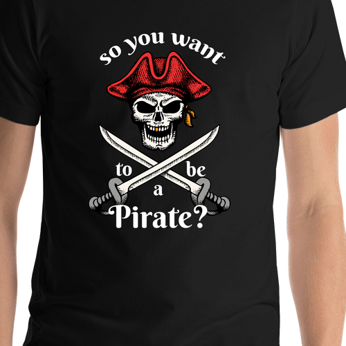 Pirates T-Shirt - Black - So You Want To Be A Pirate - Swords Up - Shirt Close-Up View