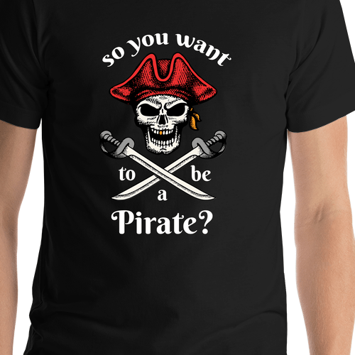 Pirates T-Shirt - Black - So You Want To Be A Pirate - Swords Down - Shirt Close-Up View