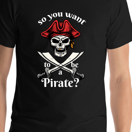 Pirates T-Shirt - Black - So You Want To Be A Pirate - Cutlass - Shirt Close-Up View