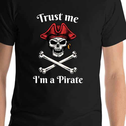 Personalized Pirates T-Shirt - Black - Trust Me, I'm a Pirate - Shirt Close-Up View