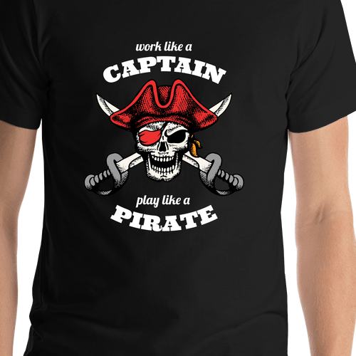 Pirates T-Shirt - Black - Work Like a Captain - Swords Up - Shirt Close-Up View