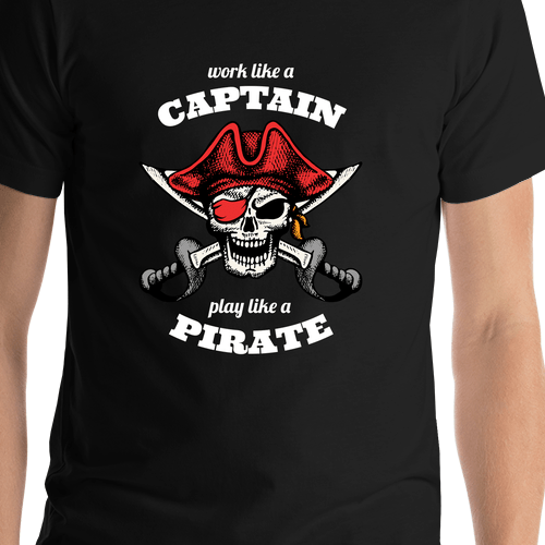 Pirates T-Shirt - Black - Work Like a Captain - Cutlass - Shirt Close-Up View