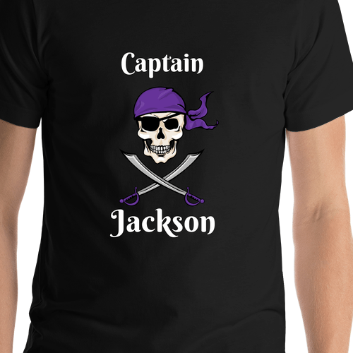 Personalized Pirate T-Shirt - Black - Swords, Bandana, & Eyepatch - Shirt Close-Up View