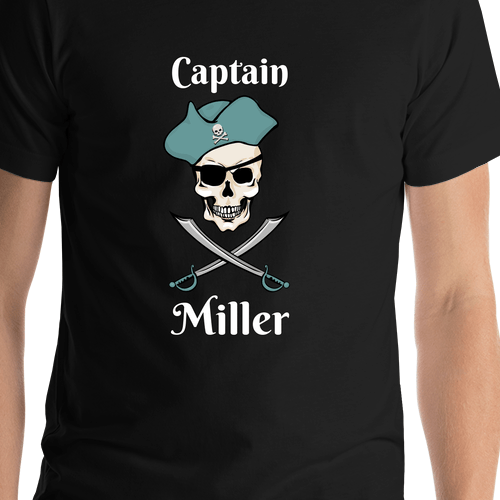 Personalized Pirate T-Shirt - Black - Swords, Hat, & Eyepatch - Shirt Close-Up View