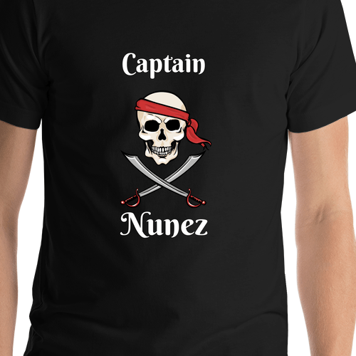 Personalized Pirate T-Shirt - Black - Swords & Half Bandana - Shirt Close-Up View
