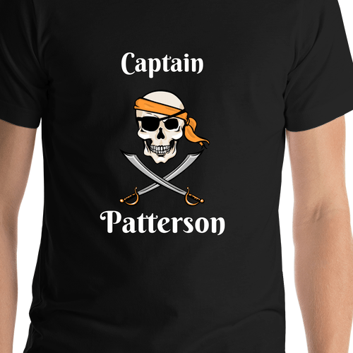 Personalized Pirate T-Shirt - Black - Swords, Half Bandana, & Eyepatch - Shirt Close-Up View