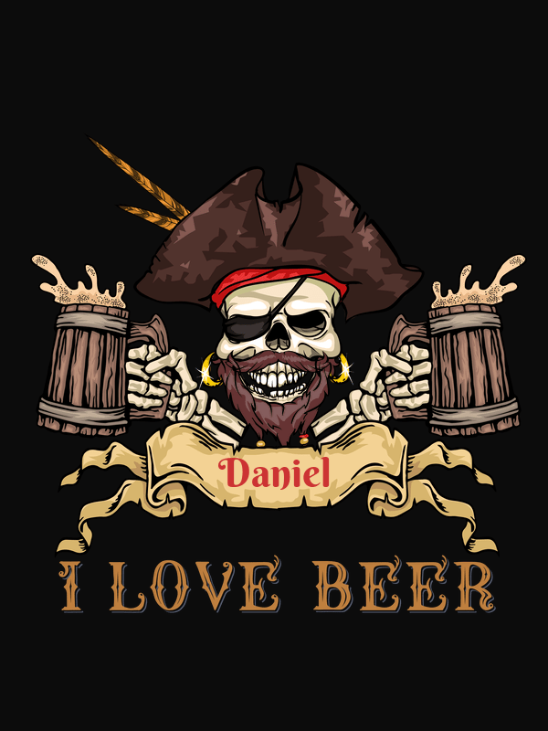 Personalized Pirate T-Shirt - Black - I Love Beer - Captain Pirate - Decorate View