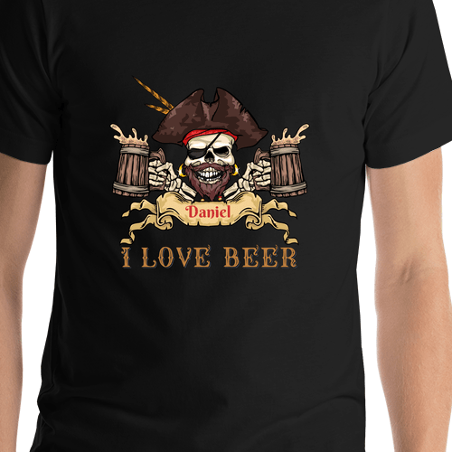 Personalized Pirate T-Shirt - Black - I Love Beer - Captain Pirate - Shirt Close-Up View