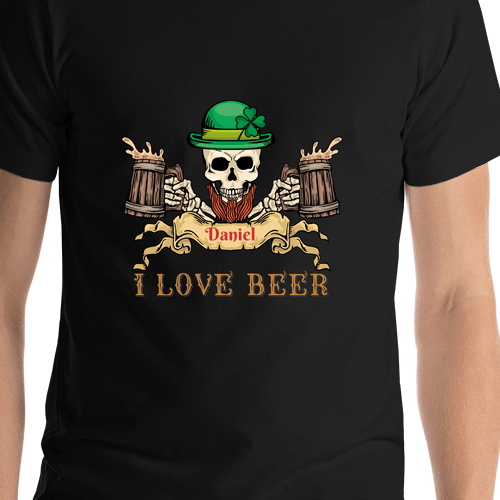 Personalized Pirate T-Shirt - Black - I Love Beer - St Patricks - Shirt Close-Up View