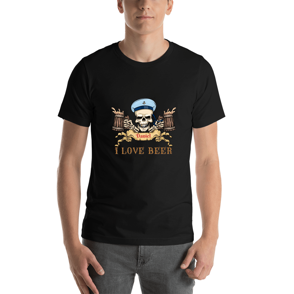 Personalized Pirate T-Shirt - Black - I Love Beer - Sailor - Shirt View