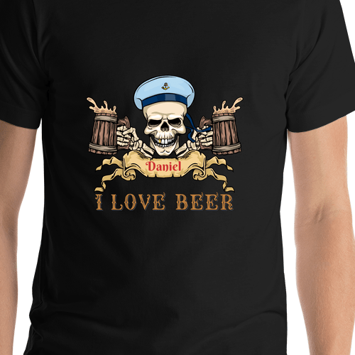 Personalized Pirate T-Shirt - Black - I Love Beer - Sailor - Shirt Close-Up View