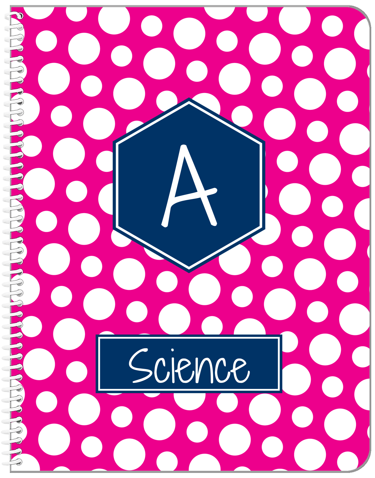 Personalized Polka Dots Notebook - Hot Pink and Navy - Hexagon Nameplate - Front View