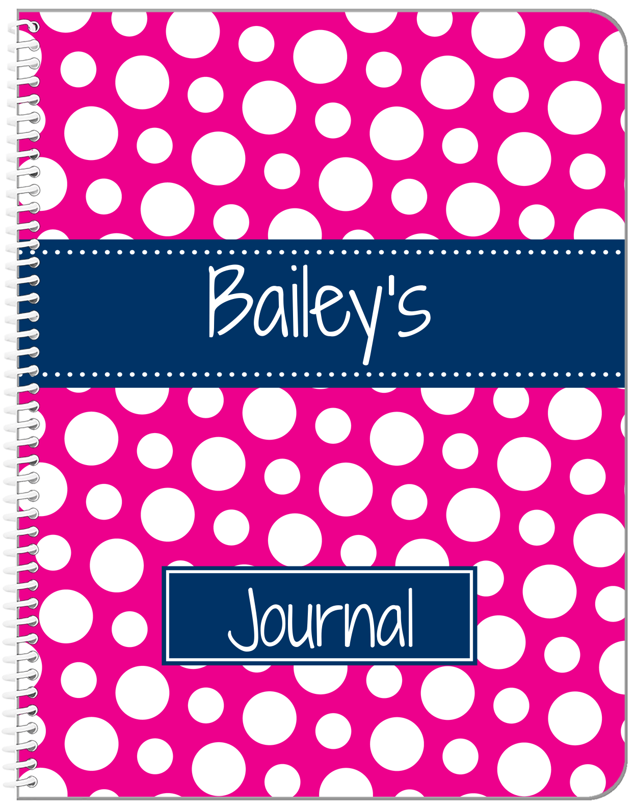 Personalized Polka Dots Notebook - Hot Pink and Navy - Ribbon Nameplate - Front View