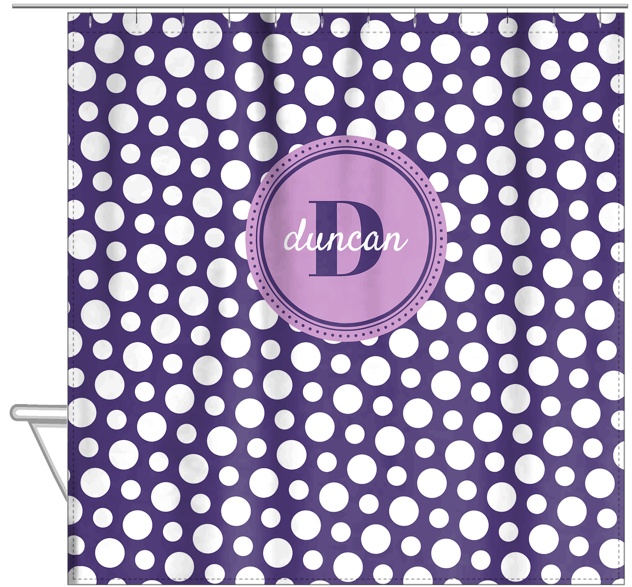 Personalized Polka Dots Shower Curtain - Purple - Circle Nameplate - Hanging View