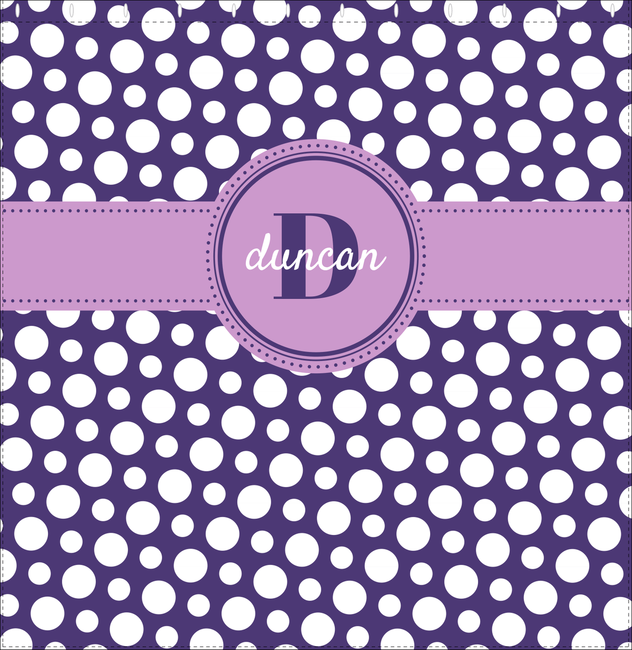 Personalized Polka Dots Shower Curtain - Purple - Circle Ribbon Nameplate - Decorate View
