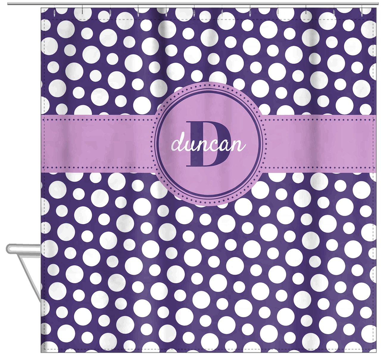 Personalized Polka Dots Shower Curtain - Purple - Circle Ribbon Nameplate - Hanging View