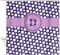 Thumbnail for Personalized Polka Dots Shower Curtain - Purple - Circle Ribbon Nameplate - Hanging View