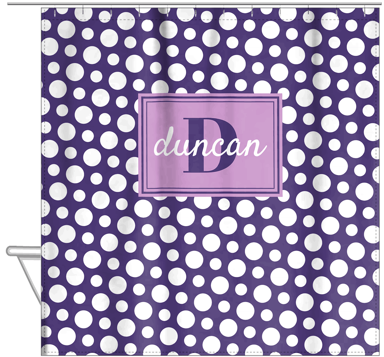 Personalized Polka Dots Shower Curtain - Purple - Rectangle Nameplate - Hanging View