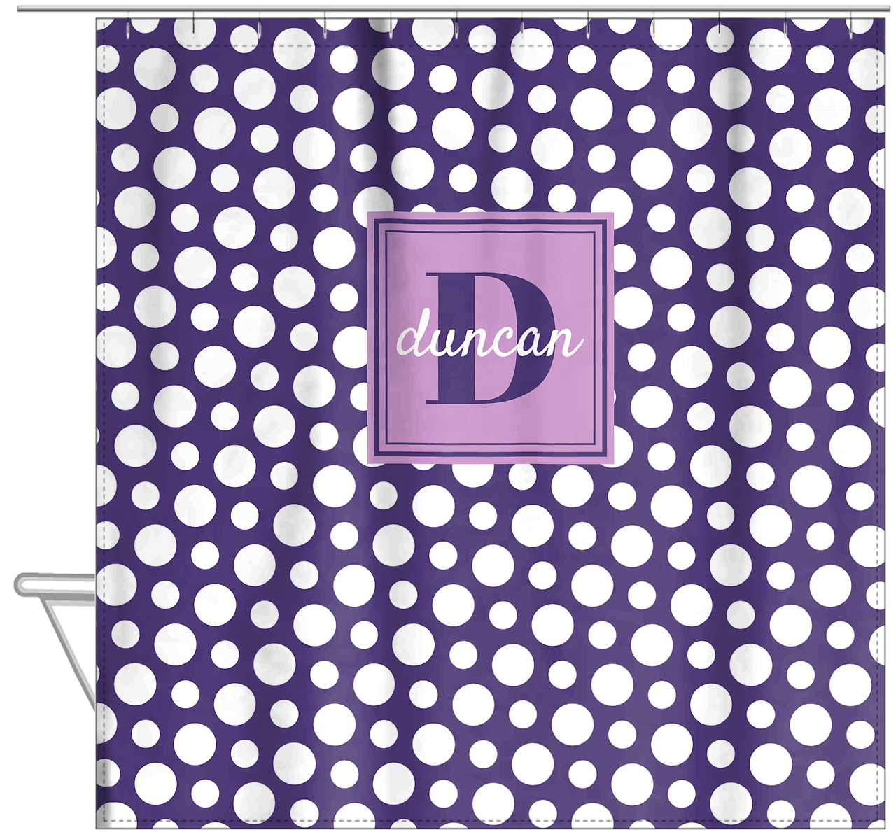 Personalized Polka Dots Shower Curtain - Purple - Square Nameplate - Hanging View