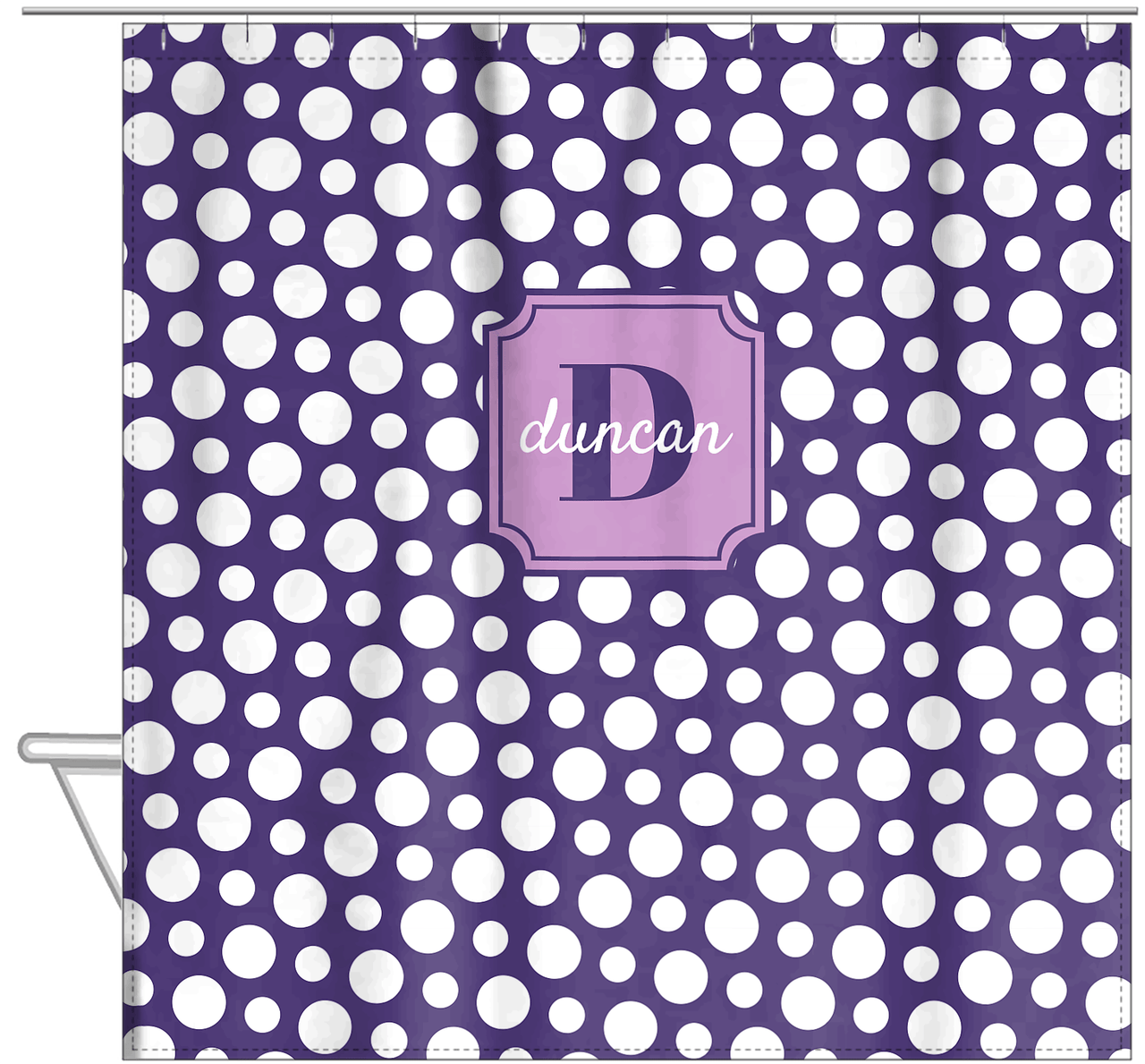Personalized Polka Dots Shower Curtain - Purple - Stamp Nameplate - Hanging View