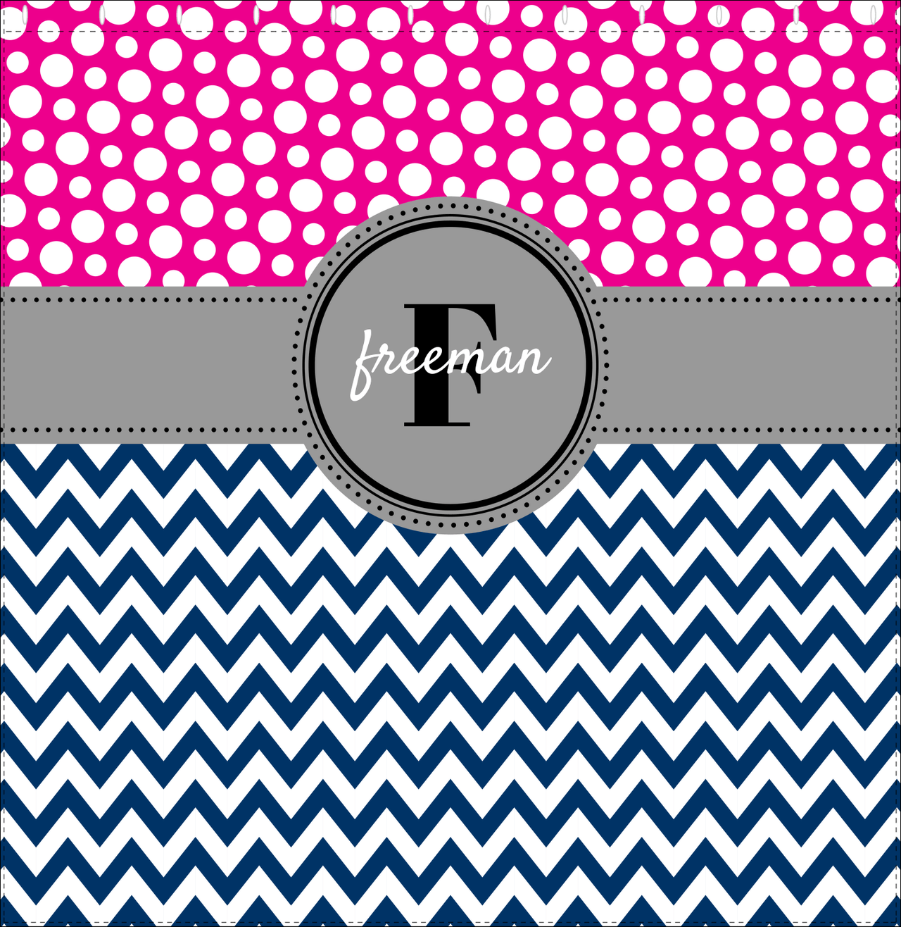 Personalized Polka Dots and Chevron I Shower Curtain - Pink and Navy - Circle Nameplate - Decorate View