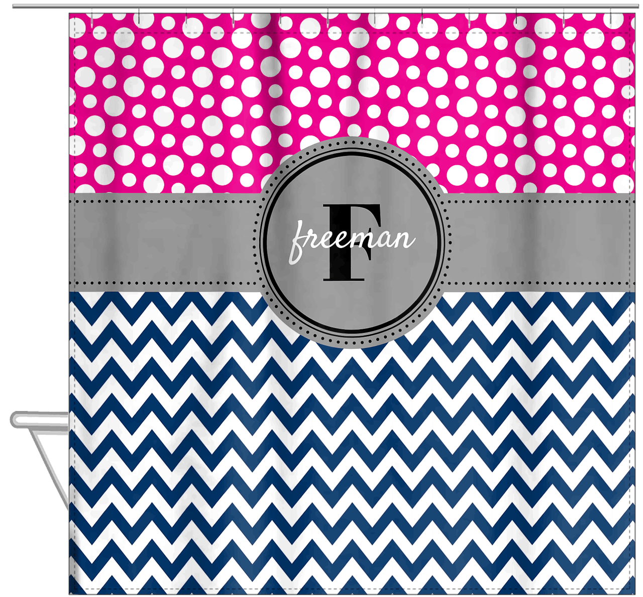 Personalized Polka Dots and Chevron I Shower Curtain - Pink and Navy - Circle Nameplate - Hanging View