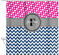 Thumbnail for Personalized Polka Dots and Chevron I Shower Curtain - Pink and Navy - Circle Nameplate - Hanging View