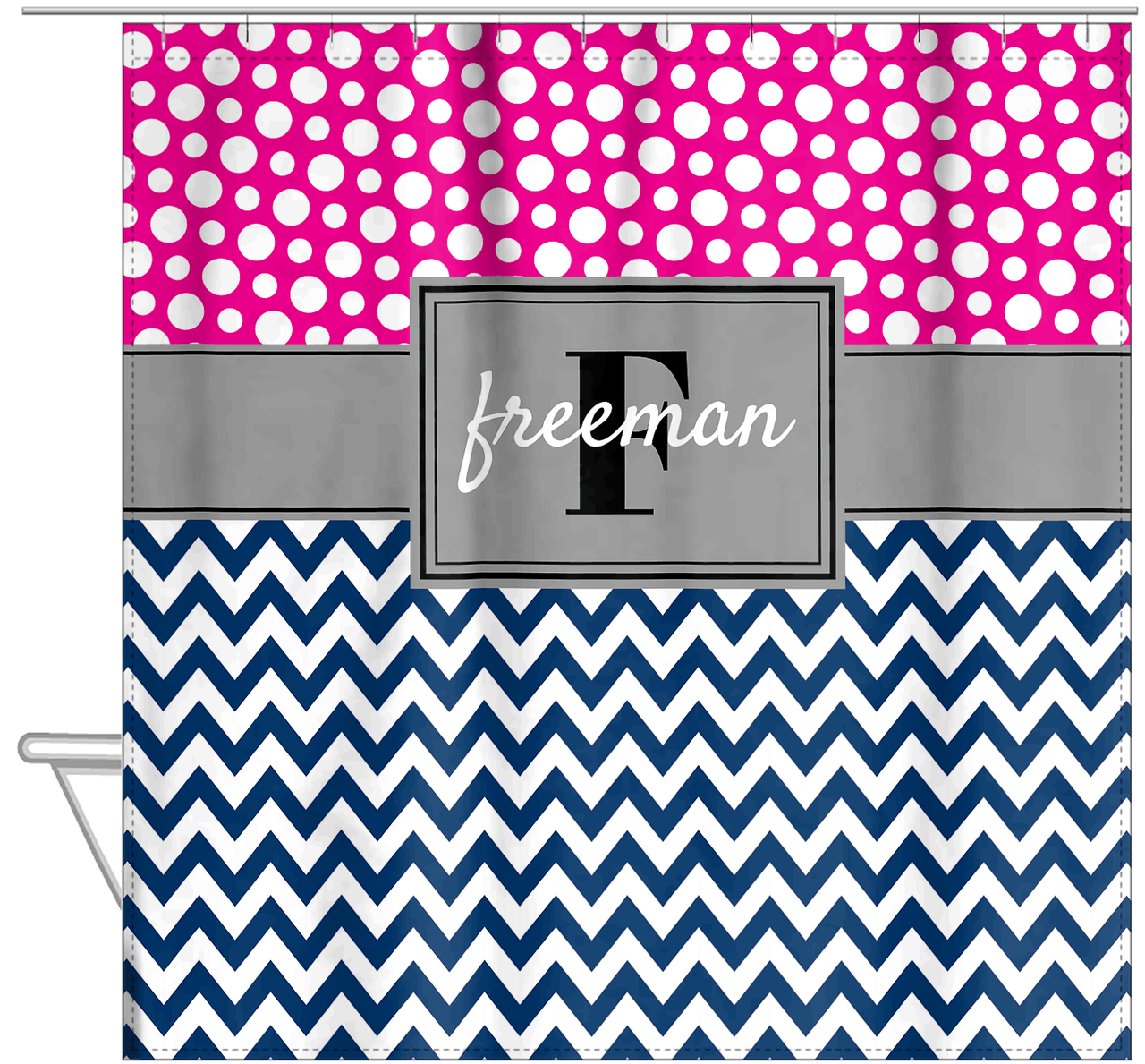 Personalized Polka Dots and Chevron I Shower Curtain - Pink and Navy - Rectangle Nameplate - Hanging View