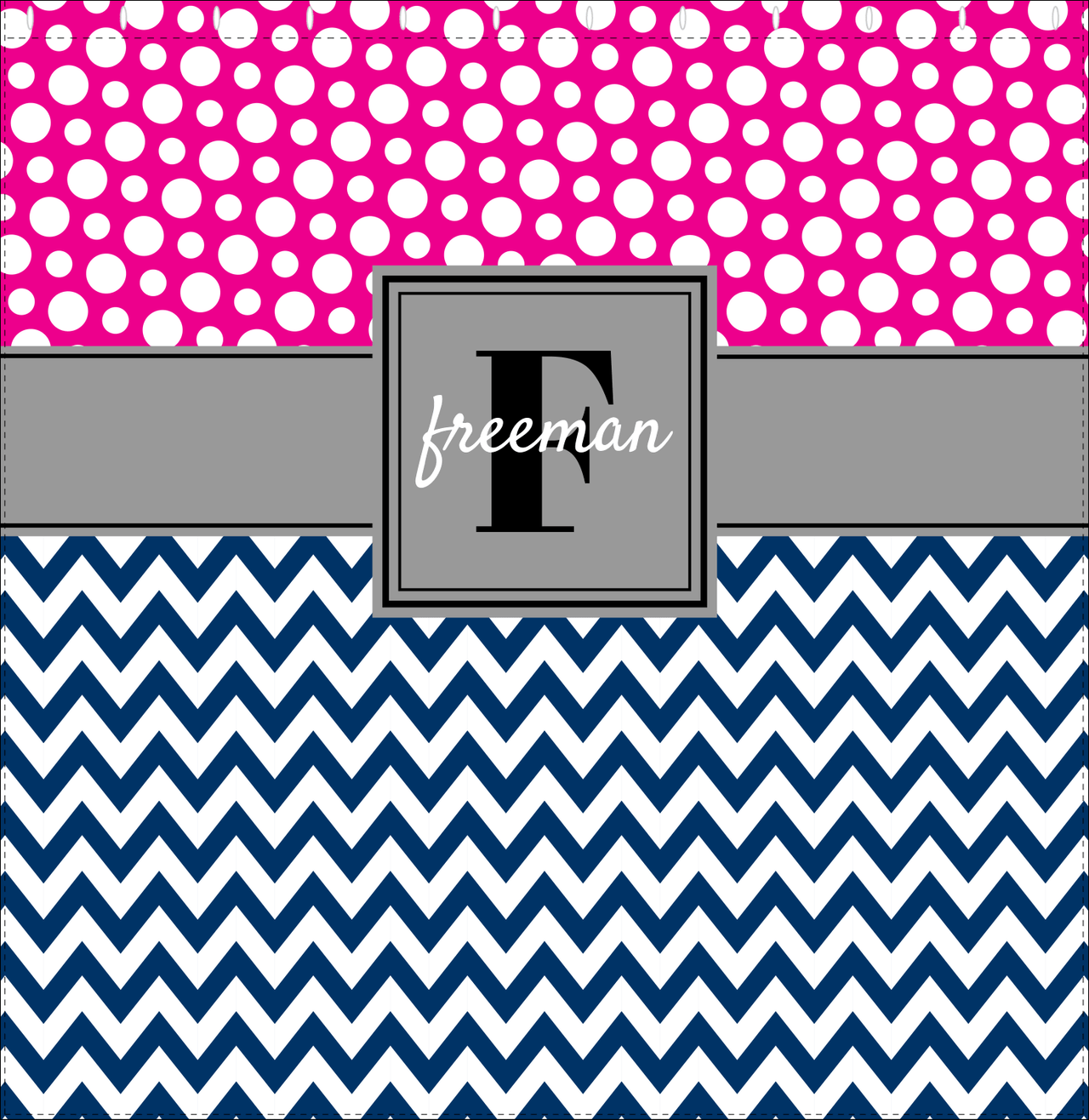 Personalized Polka Dots and Chevron I Shower Curtain - Pink and Navy - Square Nameplate - Decorate View