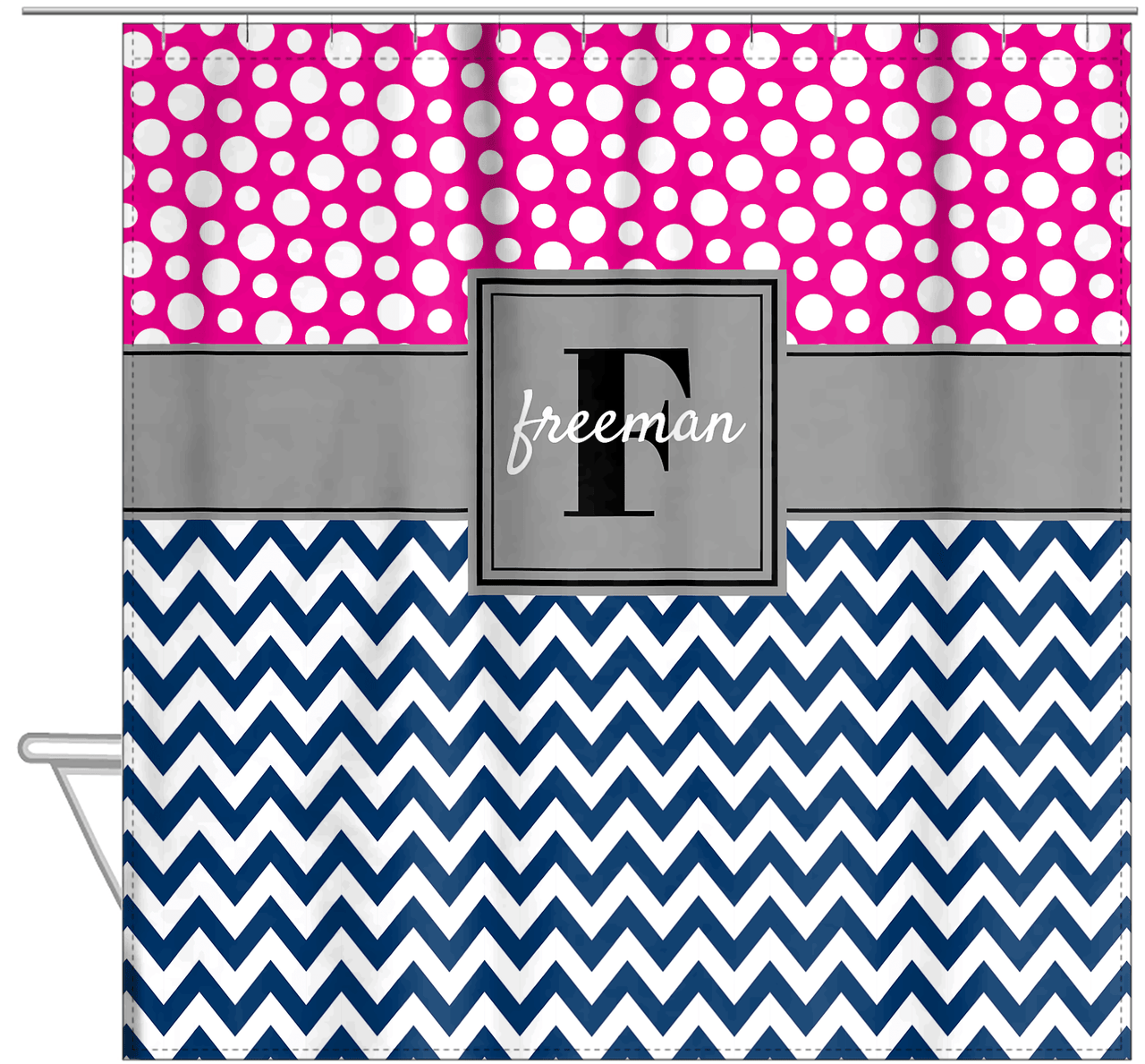 Personalized Polka Dots and Chevron I Shower Curtain - Pink and Navy - Square Nameplate - Hanging View