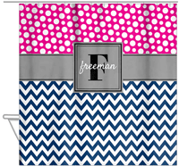 Thumbnail for Personalized Polka Dots and Chevron I Shower Curtain - Pink and Navy - Square Nameplate - Hanging View
