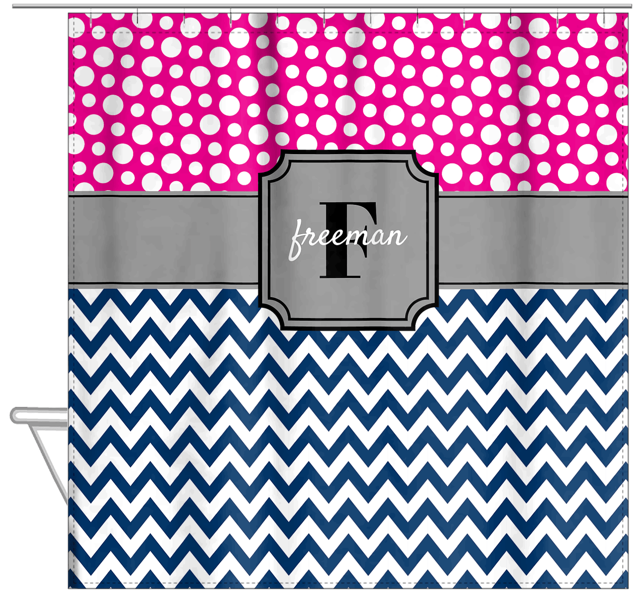 Personalized Polka Dots and Chevron I Shower Curtain - Pink and Navy - Stamp Nameplate - Hanging View