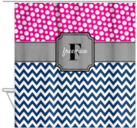 Thumbnail for Personalized Polka Dots and Chevron I Shower Curtain - Pink and Navy - Stamp Nameplate - Hanging View