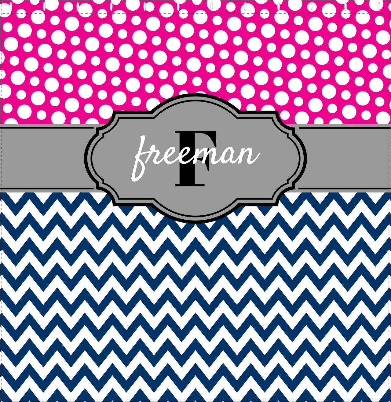 Personalized Polka Dots and Chevron I Shower Curtain - Pink and Navy - Fancy Nameplate - Decorate View