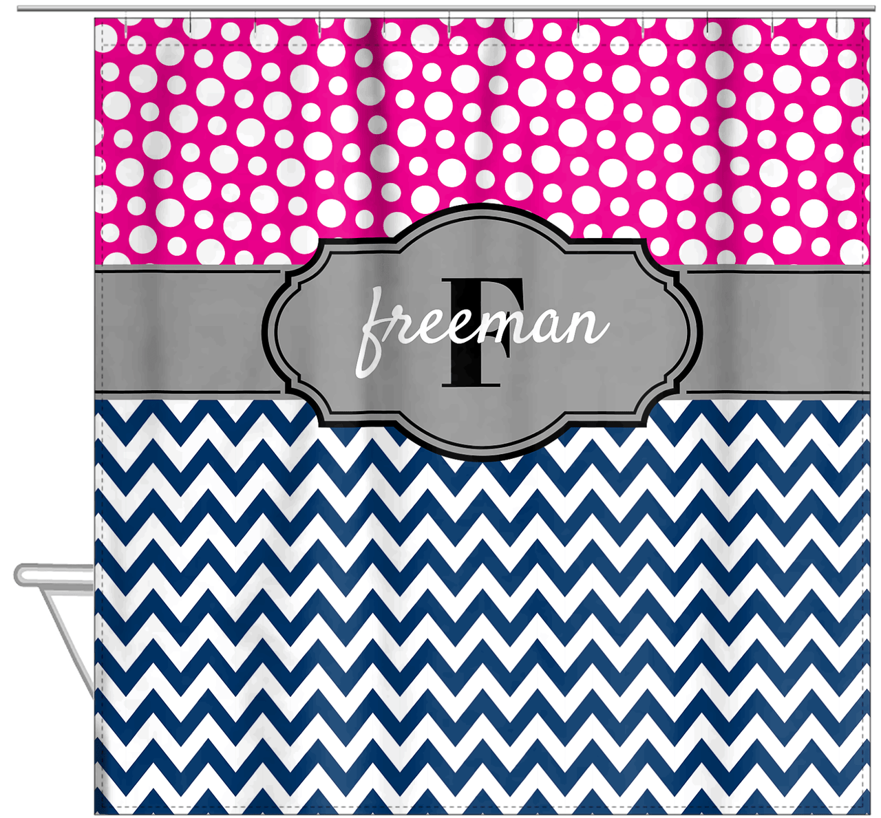 Personalized Polka Dots and Chevron I Shower Curtain - Pink and Navy - Fancy Nameplate - Hanging View