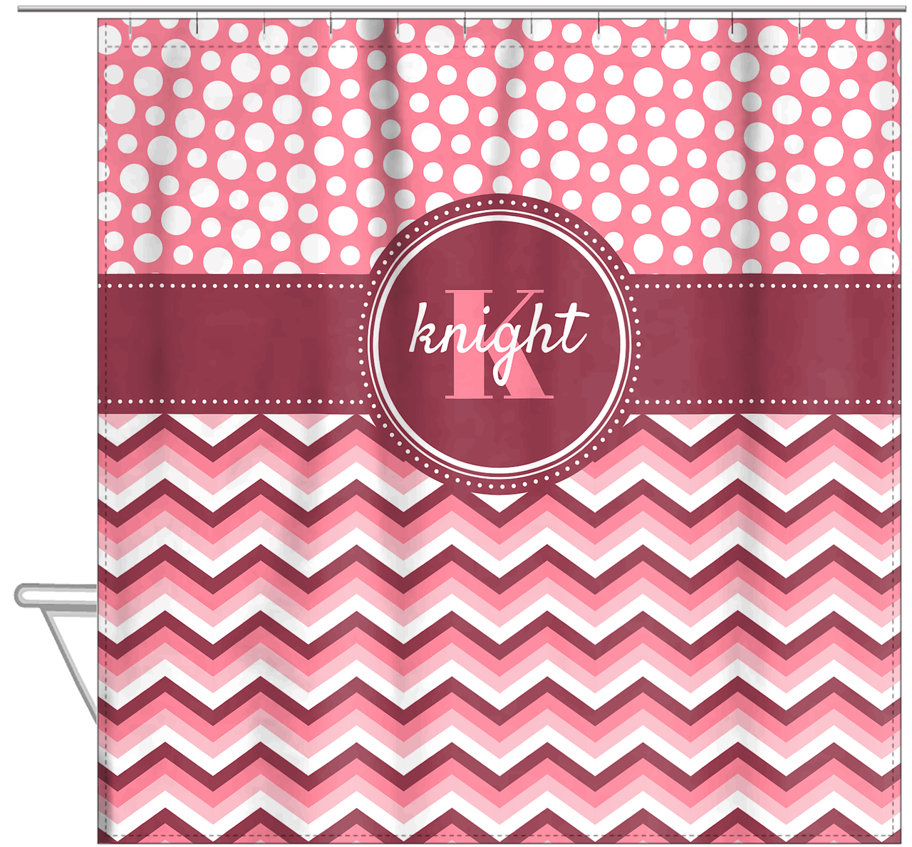 Personalized Polka Dots and Chevron II Shower Curtain - Pink and White - Circle Nameplate - Hanging View