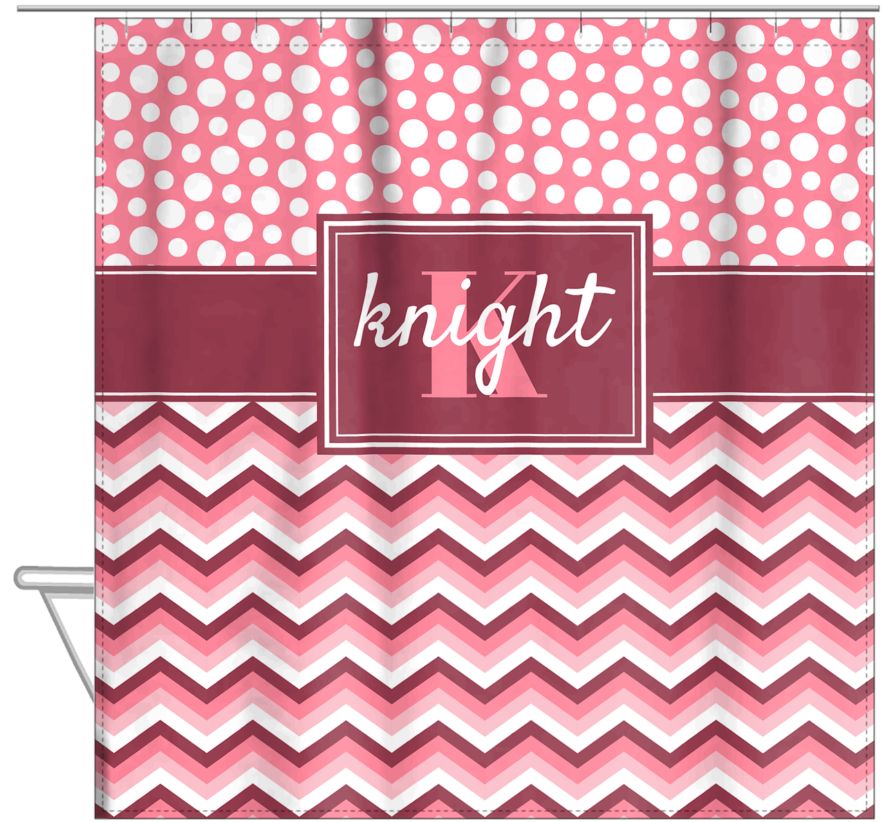 Personalized Polka Dots and Chevron II Shower Curtain - Pink and White - Rectangle Nameplate - Hanging View