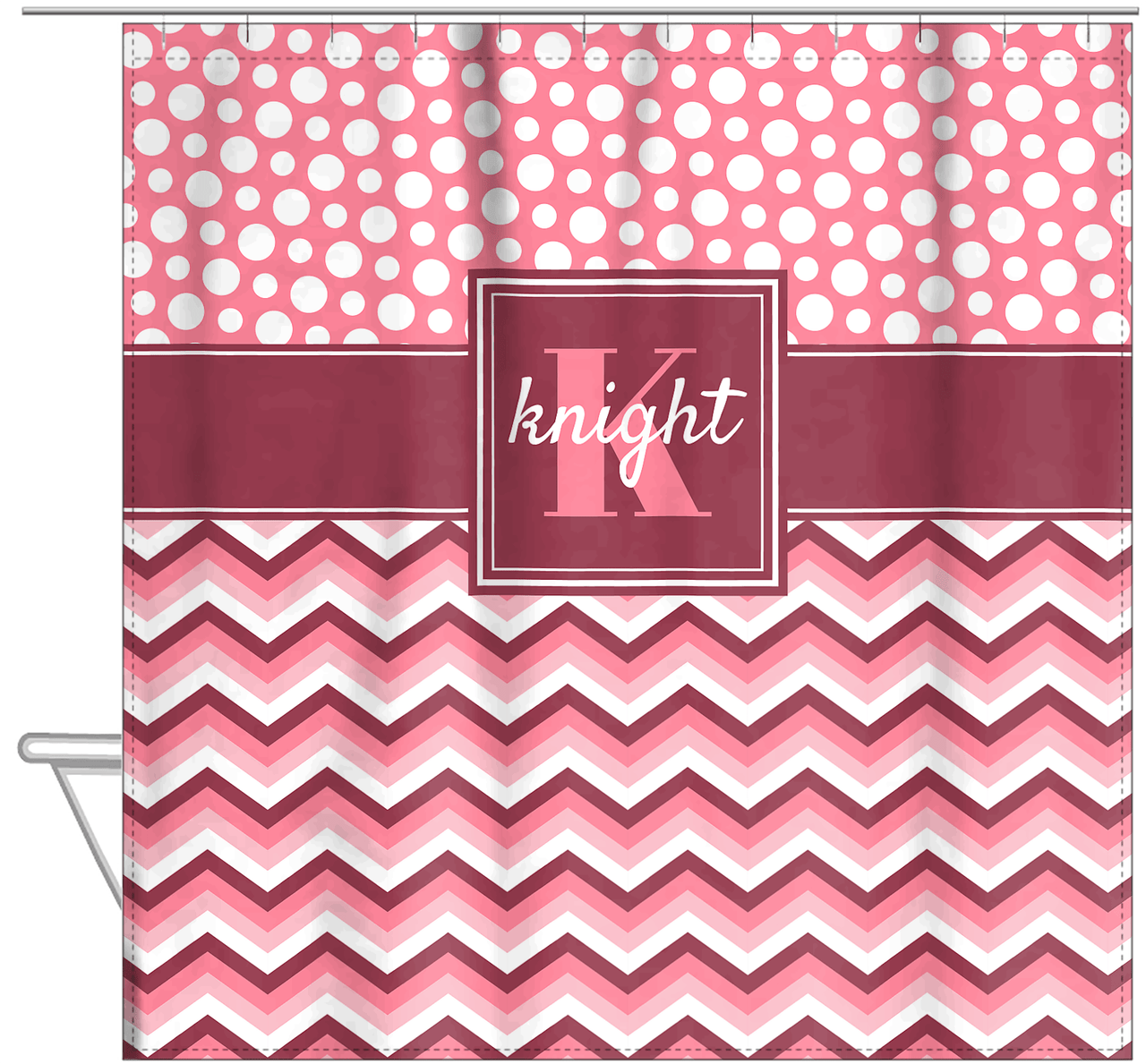 Personalized Polka Dots and Chevron II Shower Curtain - Pink and White - Square Nameplate - Hanging View