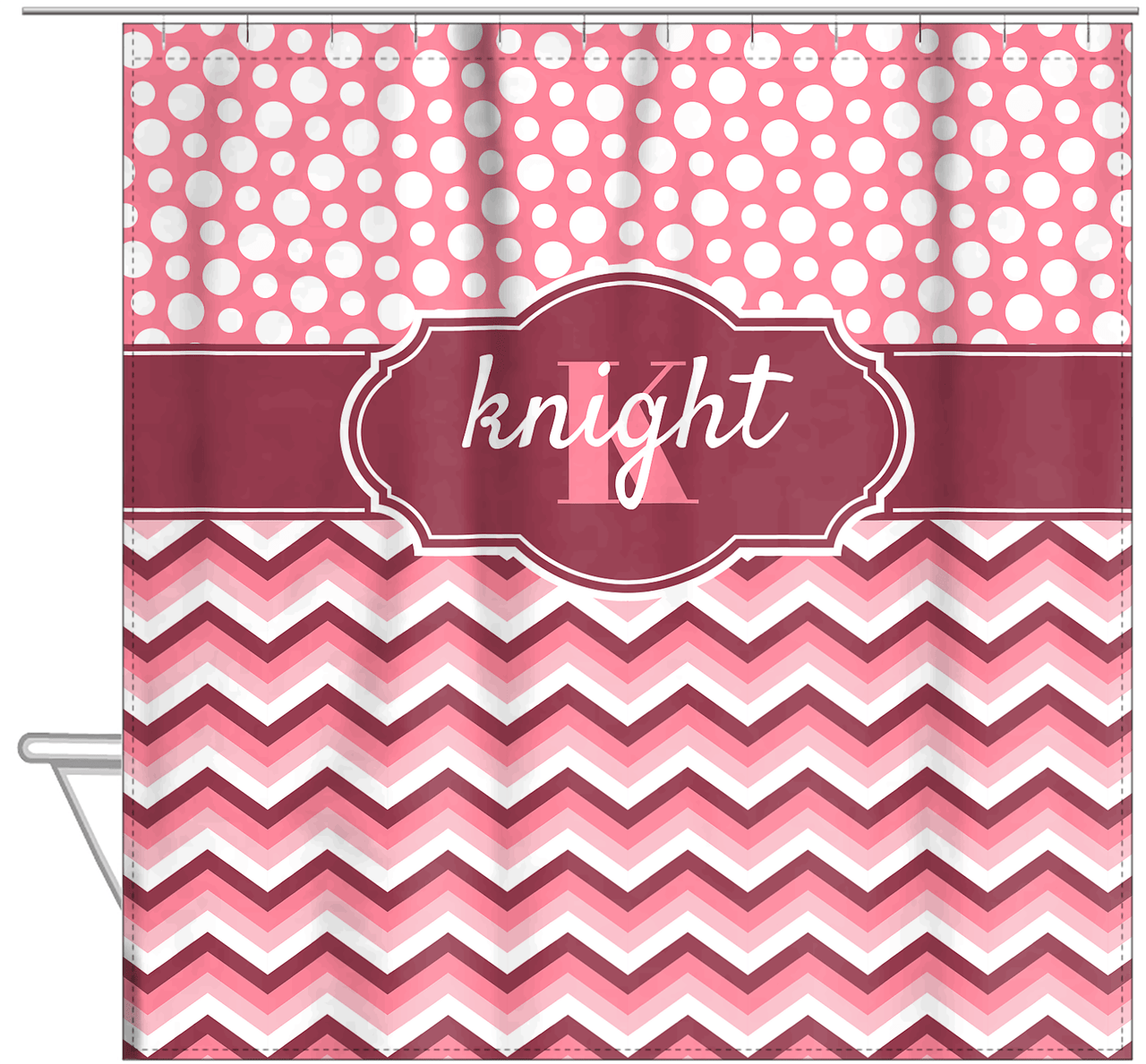 Personalized Polka Dots and Chevron II Shower Curtain - Pink and White - Fancy Nameplate - Hanging View