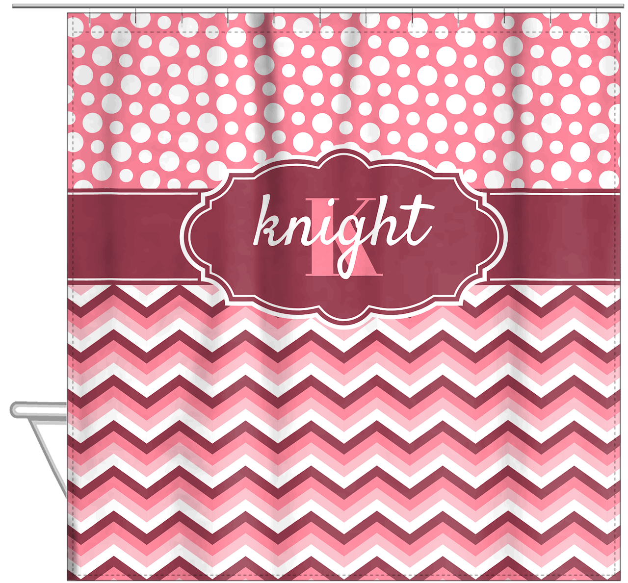 Personalized Polka Dots and Chevron II Shower Curtain - Pink and White - Fancy Nameplate II - Hanging View