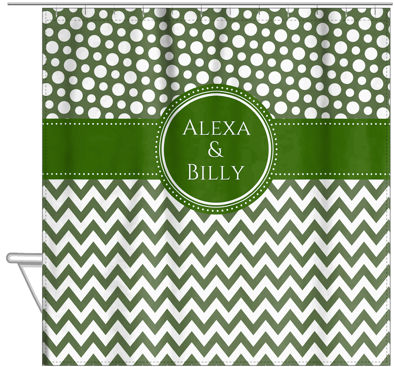 Personalized Polka Dots and Chevron III Shower Curtain - Green and White - Circle Nameplate - Hanging View